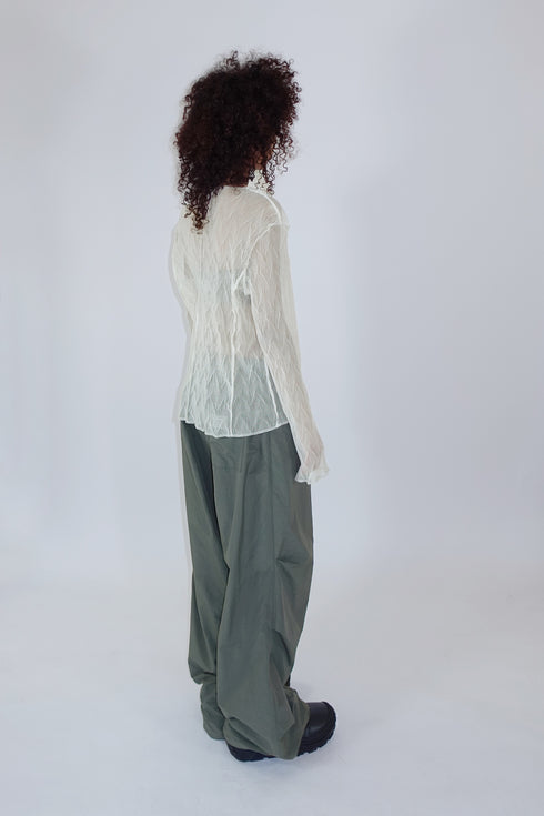 PLEATED MESH EXPOSED SEAMS TOPS -CREAM- *Last1